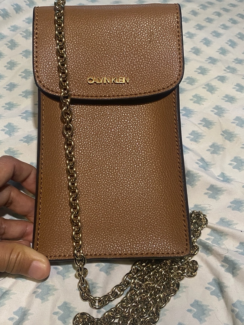 Calvin Klein Tan Pebbled Leather Chain Crossbody Phone Pouch